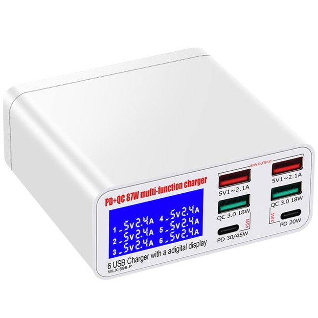 Мультизарядний пристрій з дисплеєм на 6 портів Digital Lion MCS-896P | зарядна станція зі швидкою зарядкою PD 3.0 + QC 3.0, 87 W